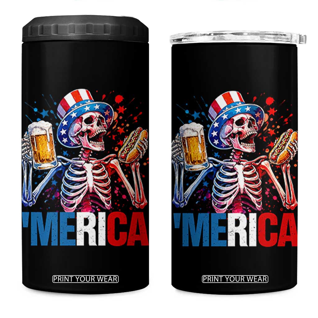 Red White And Blue Skeleton Party 4 in 1 Can Cooler Tumbler American Freedom Vibes