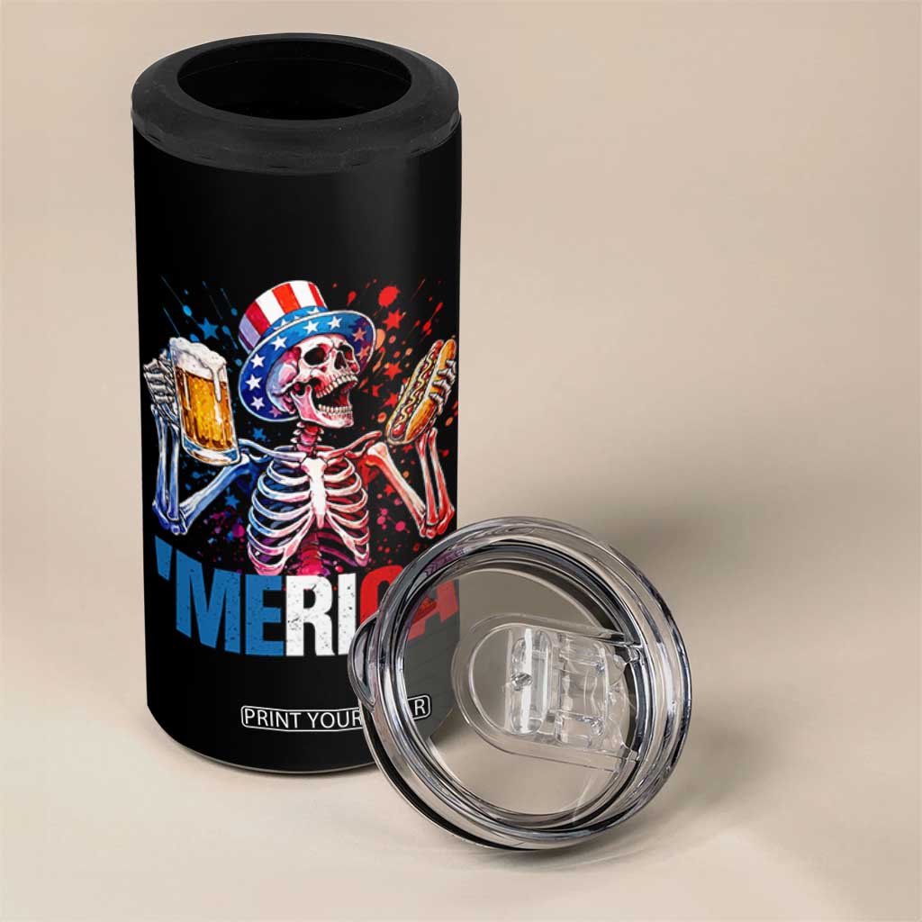 Red White And Blue Skeleton Party 4 in 1 Can Cooler Tumbler American Freedom Vibes