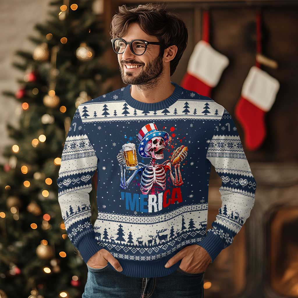 Red White And Blue Skeleton Party Ugly Christmas Sweater American Freedom Vibes
