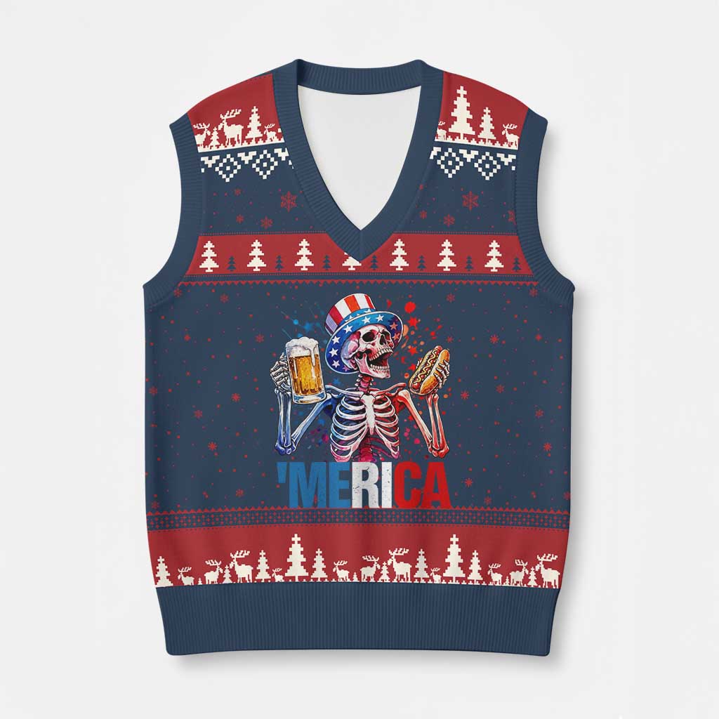 Red White And Blue Skeleton Party V-Neck Knit Sweater Vest American Freedom Vibes