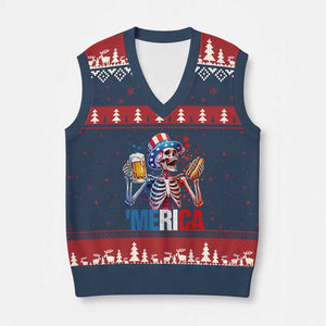 Red White And Blue Skeleton Party V-Neck Knit Sweater Vest American Freedom Vibes