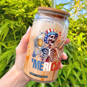 Red White And Blue Skeleton Party Glass Can American Freedom Vibes