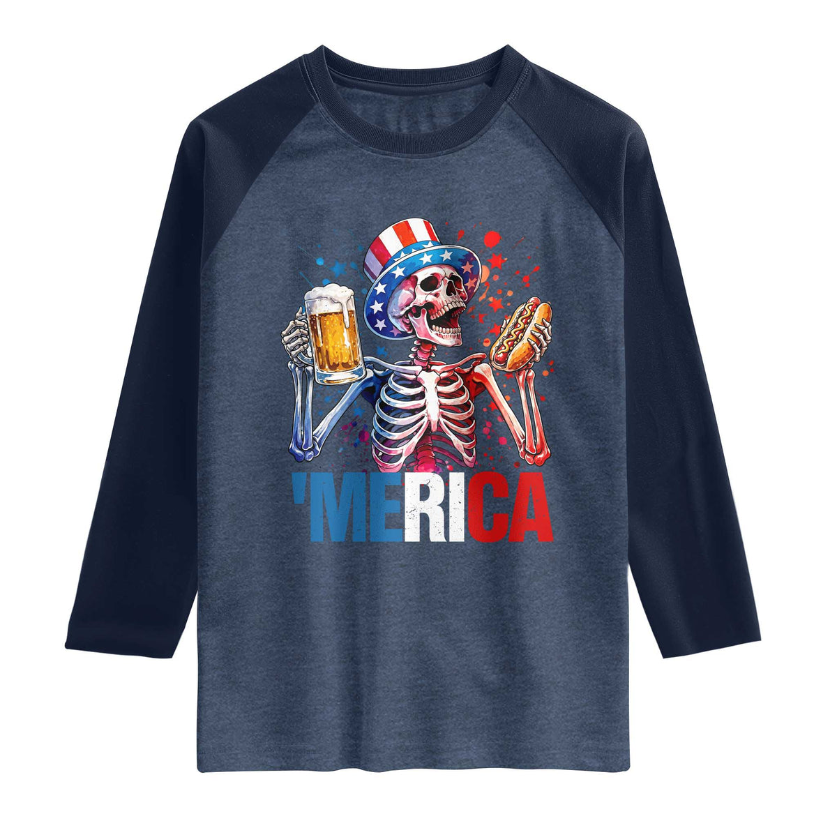 Red White And Blue Skeleton Party Raglan Shirt American Freedom Vibes