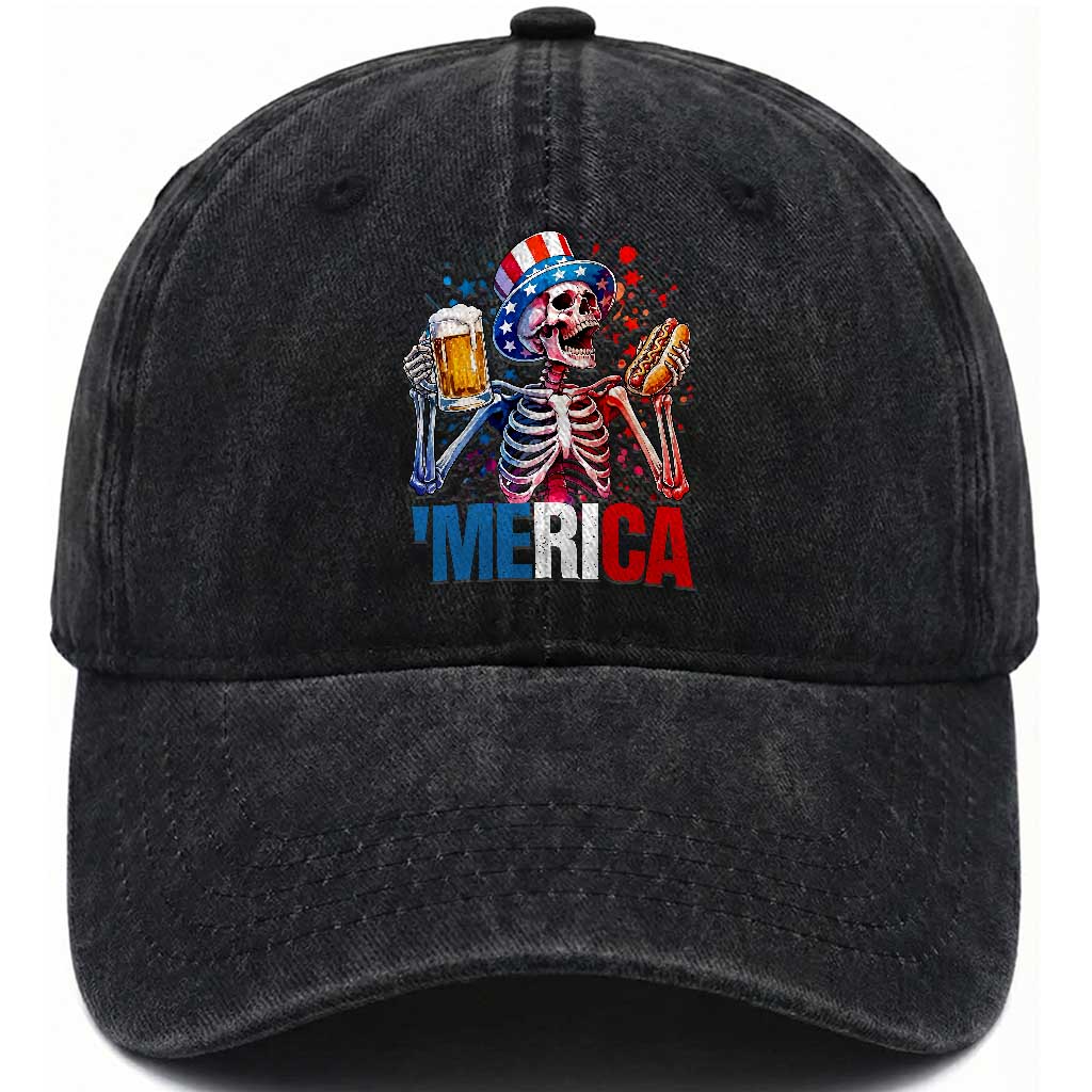 Red White And Blue Skeleton Party Washed Cotton Baseball Cap American Freedom Vibes TS12 Print Your Wear