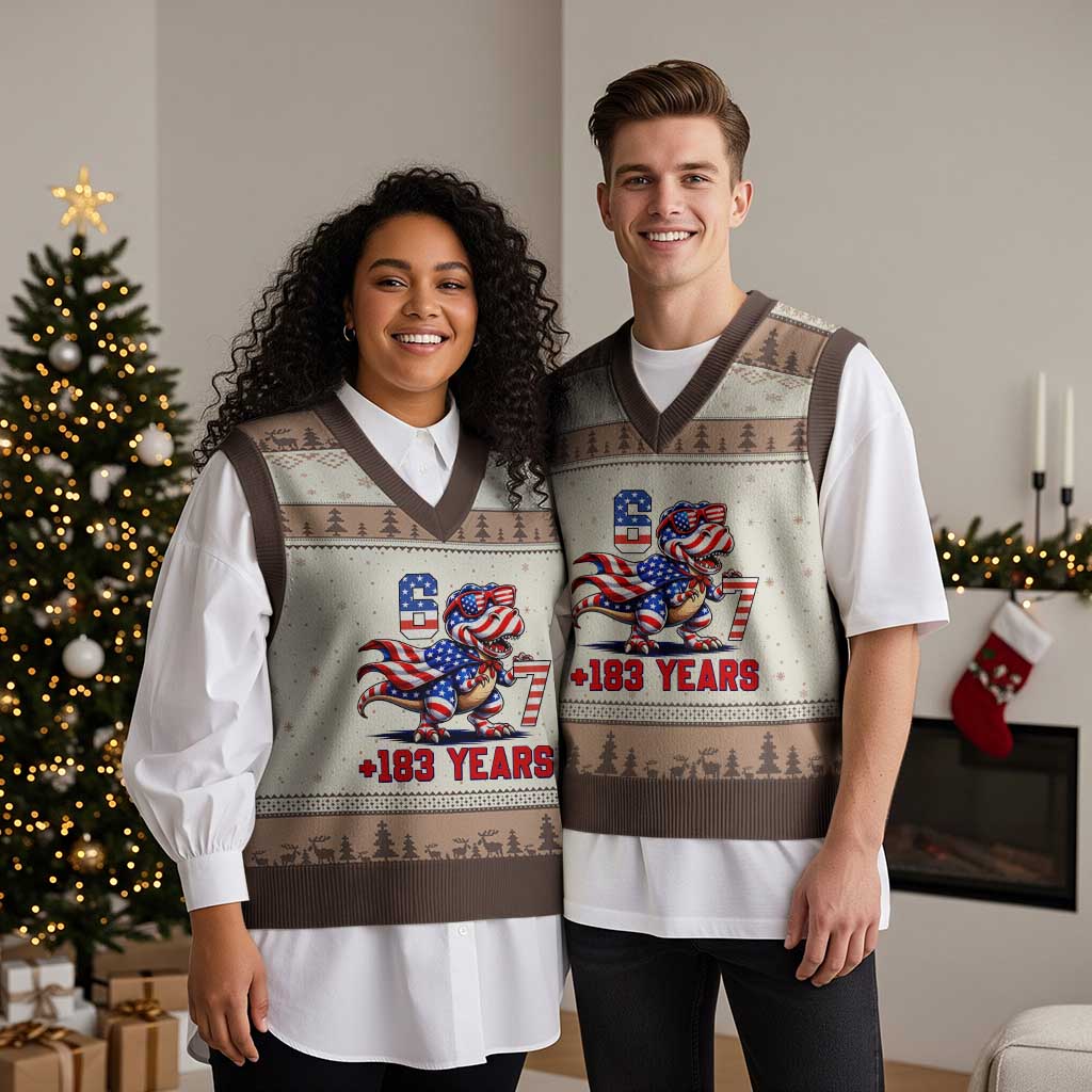 Funny 67 Meme Dinosaur American Pride V-Neck Knit Sweater Vest USA 250th Anniversary TS12 Mocha Mousse Print Your Wear