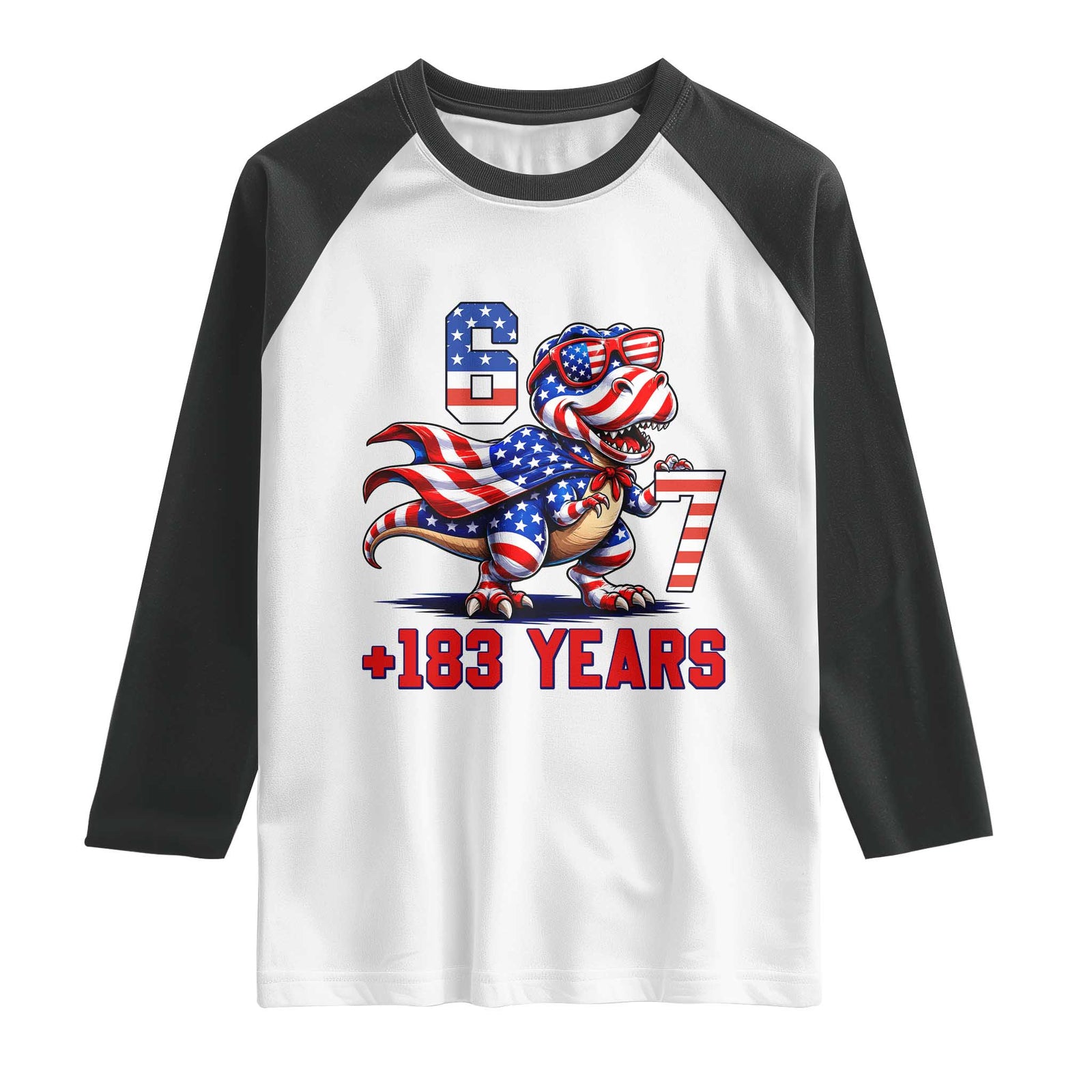 Funny 67 Meme Dinosaur American Pride Raglan Shirt USA 250th Anniversary TS12 White Black Print Your Wear