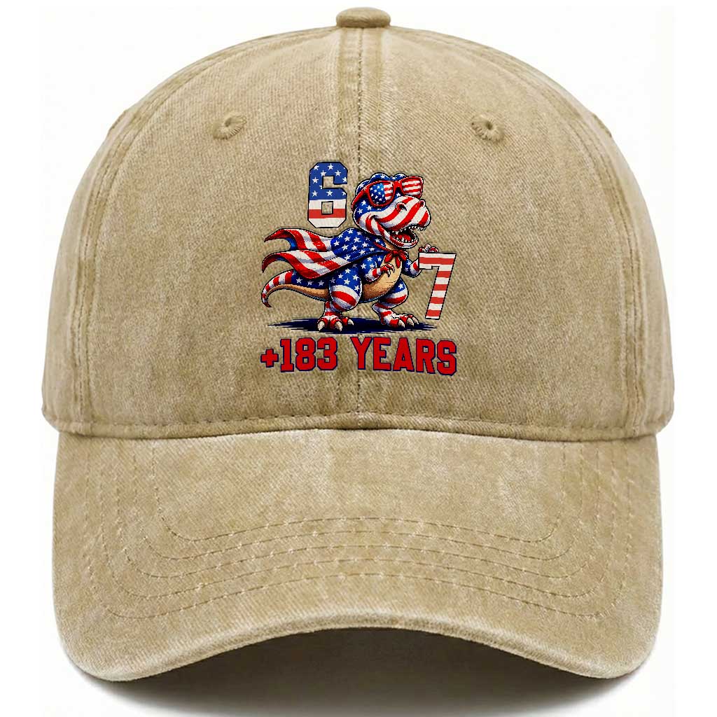 Funny 67 Meme Dinosaur American Pride Washed Cotton Baseball Cap USA 250th Anniversary TS12 Print Your Wear