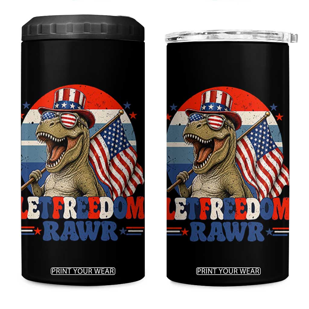 Red White Blue Dinosaur Pride 4 in 1 Can Cooler Tumbler Let Freedom Rawr