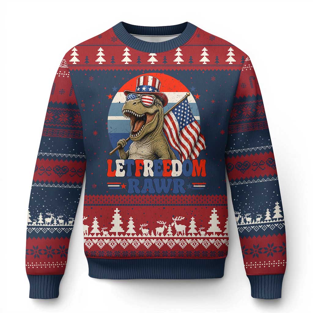 Red White Blue Dinosaur Pride Ugly Christmas Sweater Let Freedom Rawr