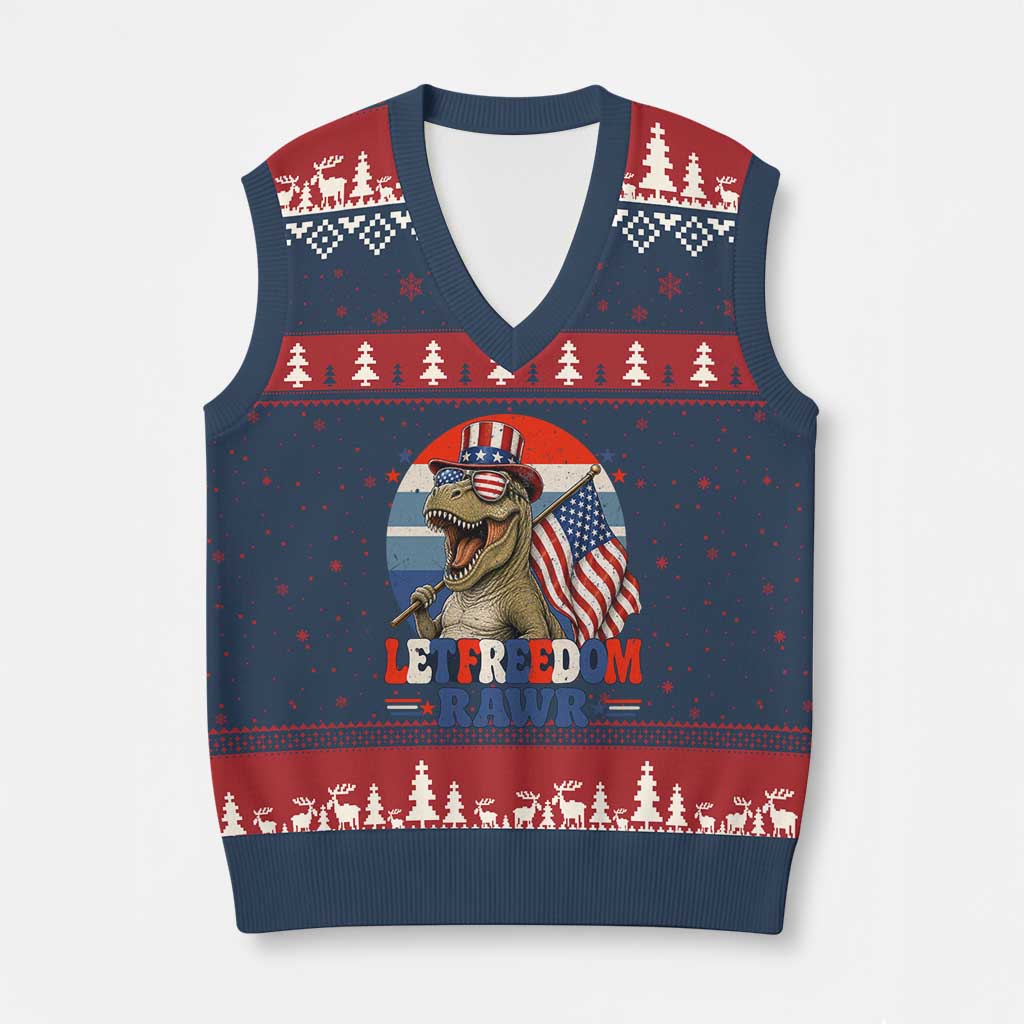 Red White Blue Dinosaur Pride V-Neck Knit Sweater Vest Let Freedom Rawr TS12 Navy Red Print Your Wear