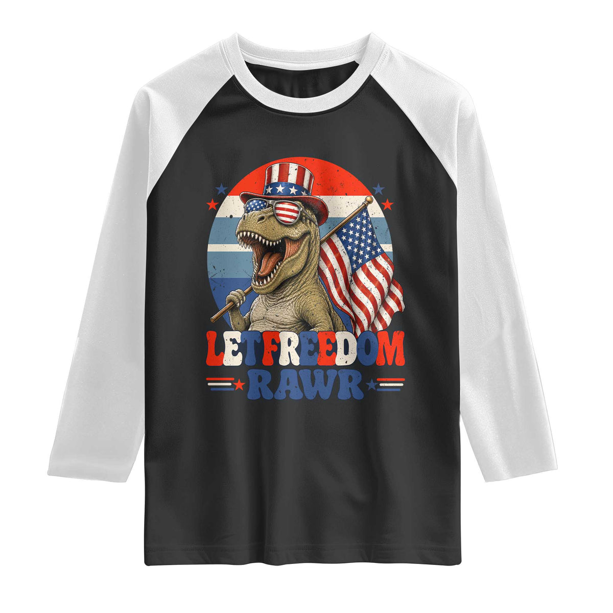 Red White Blue Dinosaur Pride Raglan Shirt Let Freedom Rawr TS12 Black White Print Your Wear