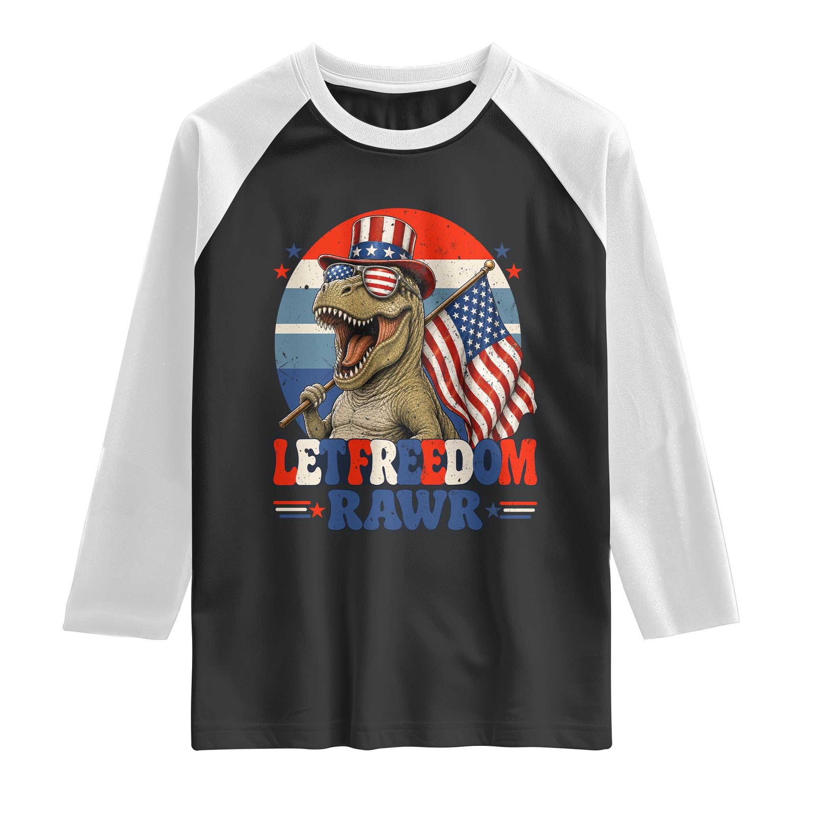Red White Blue Dinosaur Pride Raglan Shirt Let Freedom Rawr TS12 Black White Print Your Wear