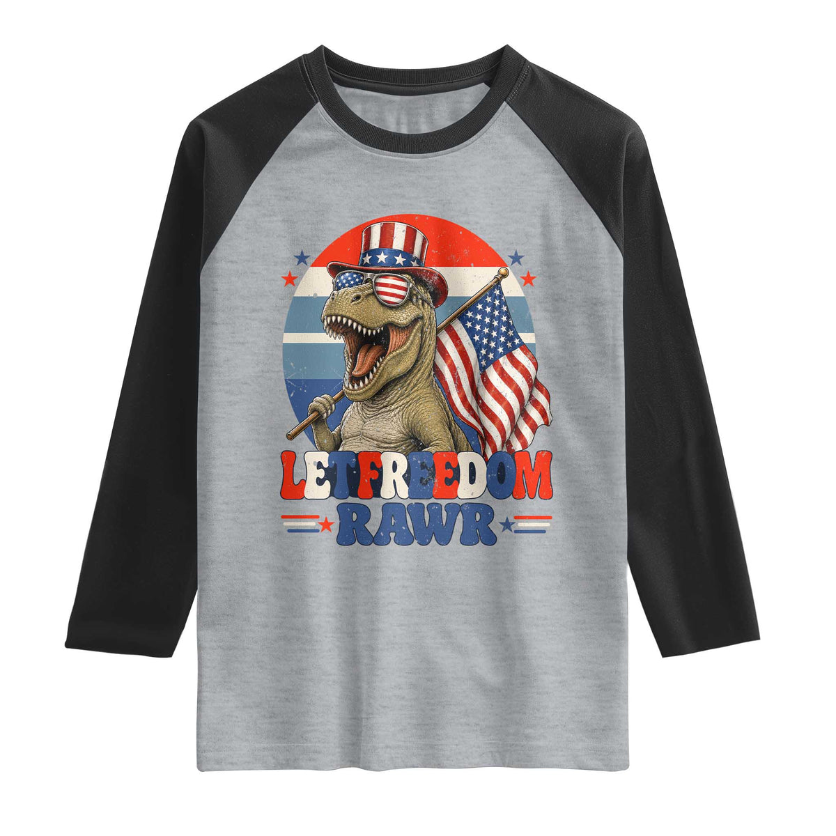Red White Blue Dinosaur Pride Raglan Shirt Let Freedom Rawr TS12 Heather Gray Black Print Your Wear