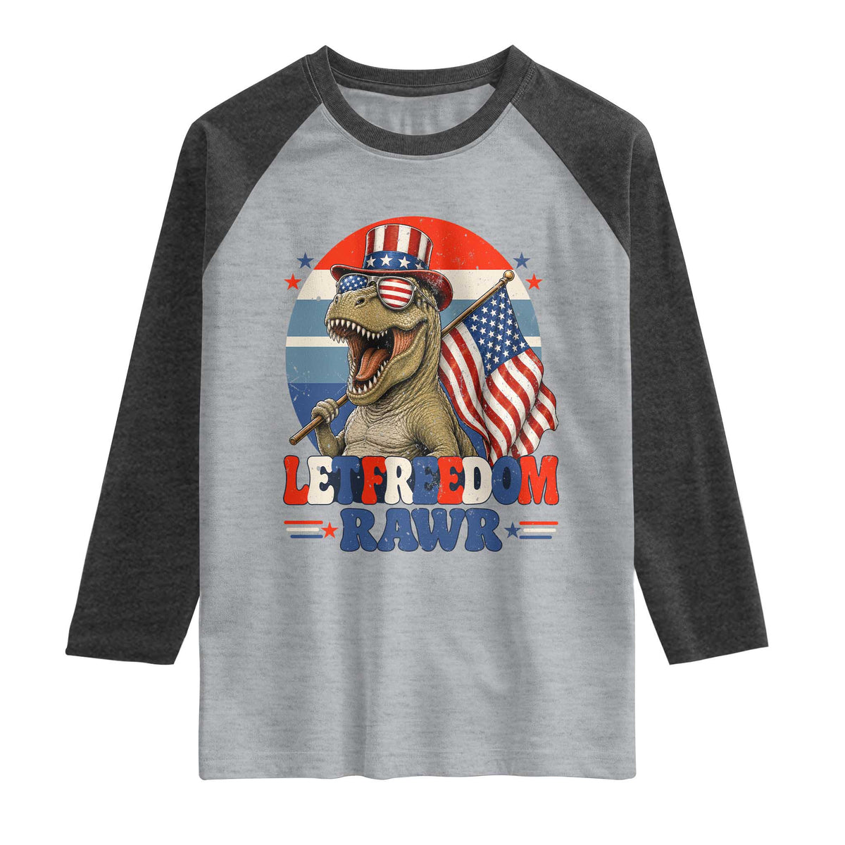 Red White Blue Dinosaur Pride Raglan Shirt Let Freedom Rawr TS12 Heather Gray Heather Charcoal Print Your Wear
