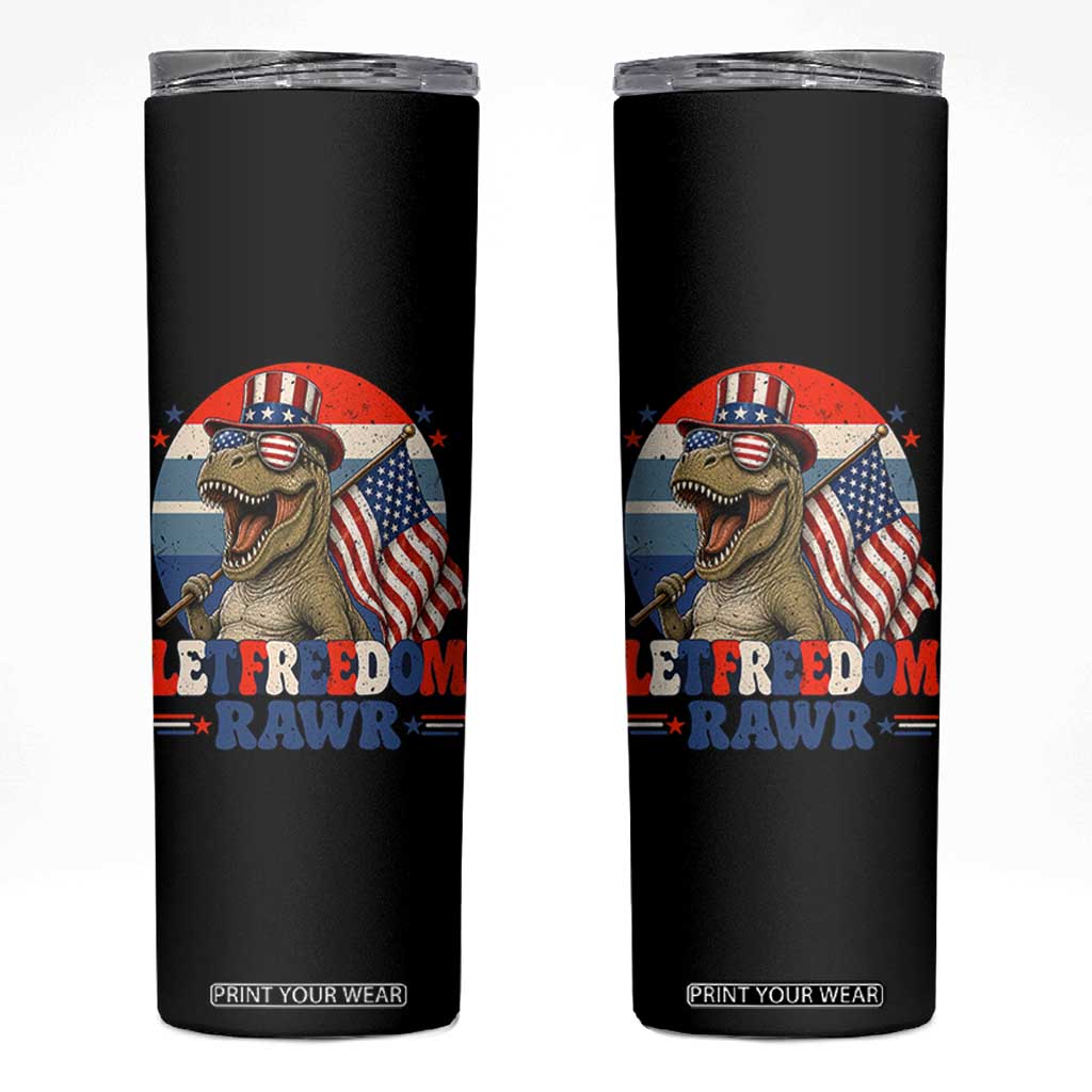 Red White Blue Dinosaur Pride Skinny Tumbler Let Freedom Rawr