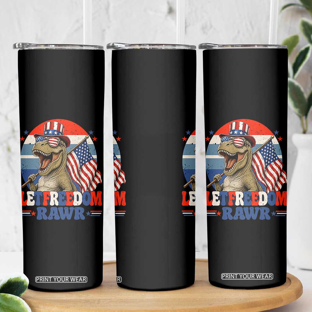 Red White Blue Dinosaur Pride Skinny Tumbler Let Freedom Rawr