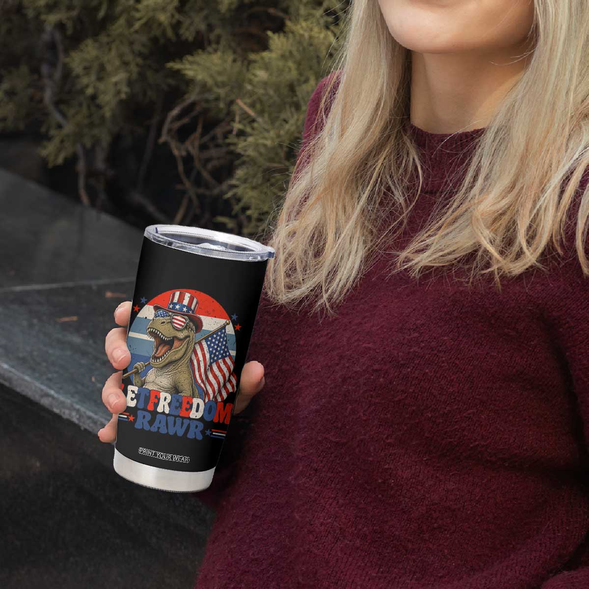 Red White Blue Dinosaur Pride Tumbler Cup Let Freedom Rawr