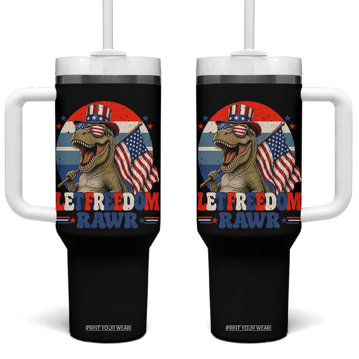 Red White Blue Dinosaur Pride Tumbler With Handle Let Freedom Rawr