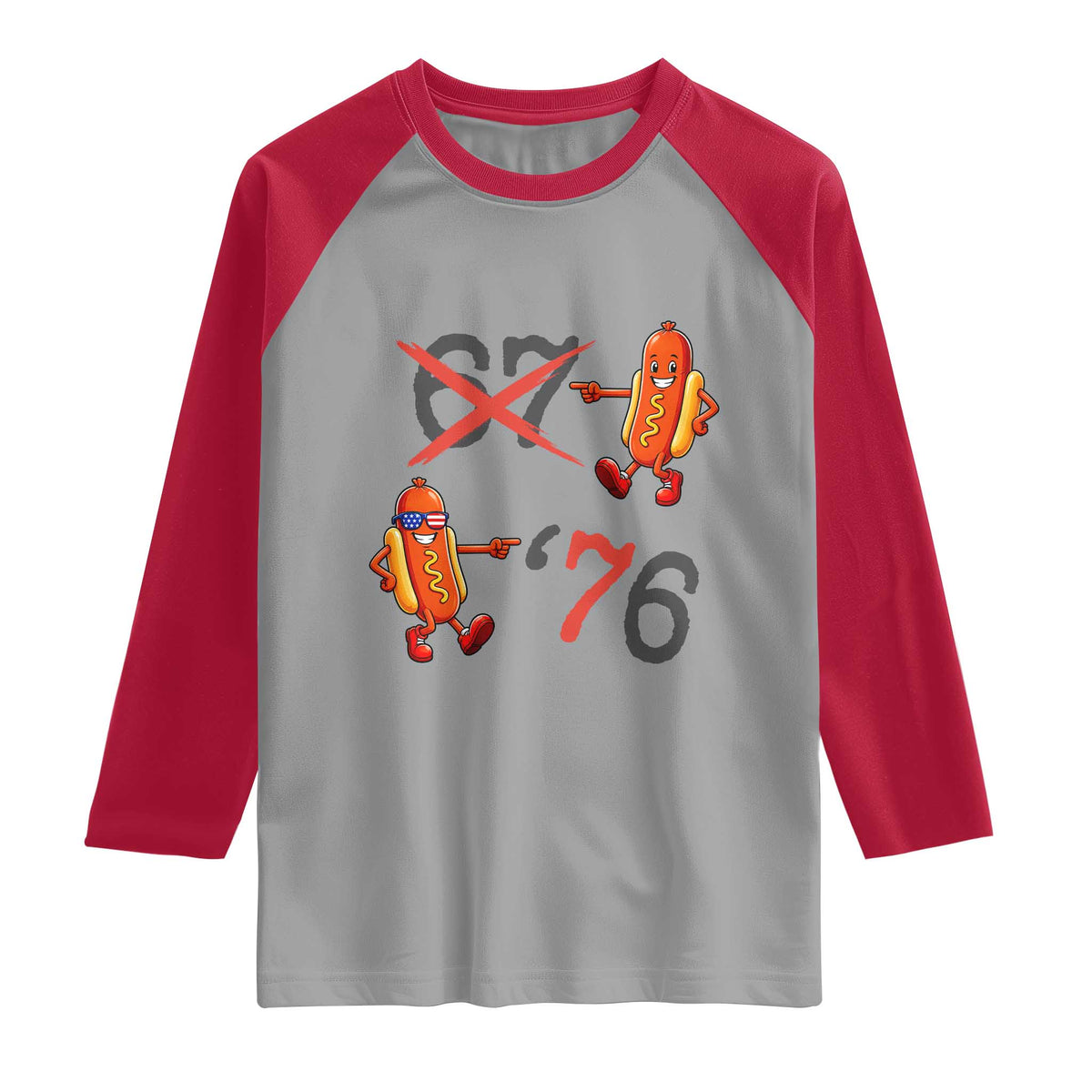 Funny 67 Meme Hot Dog Lover Raglan Shirt USA 250 BBQ Celebration TS12 Sport Gray Red Print Your Wear