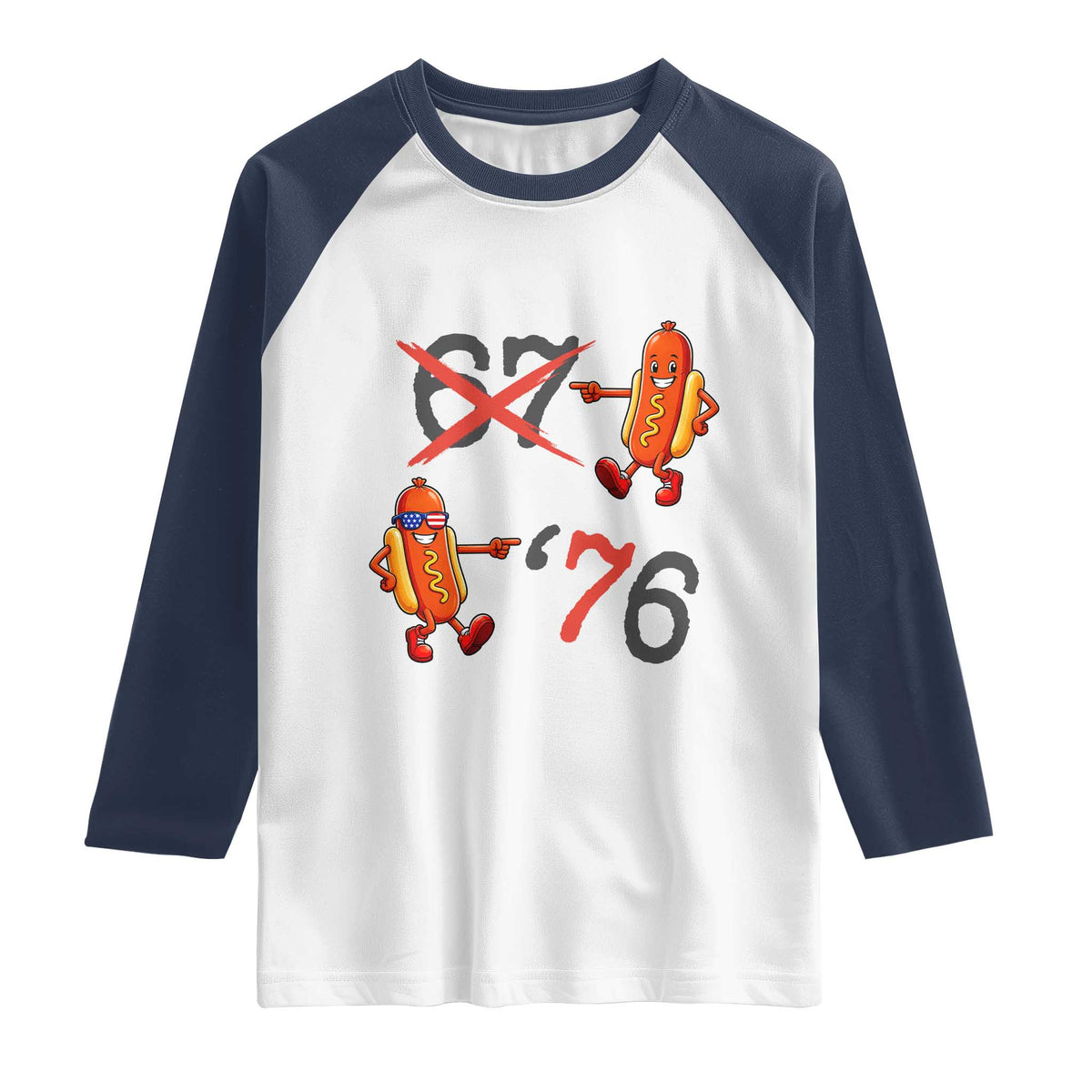 Funny 67 Meme Hot Dog Lover Raglan Shirt USA 250 BBQ Celebration TS12 White Navy Print Your Wear
