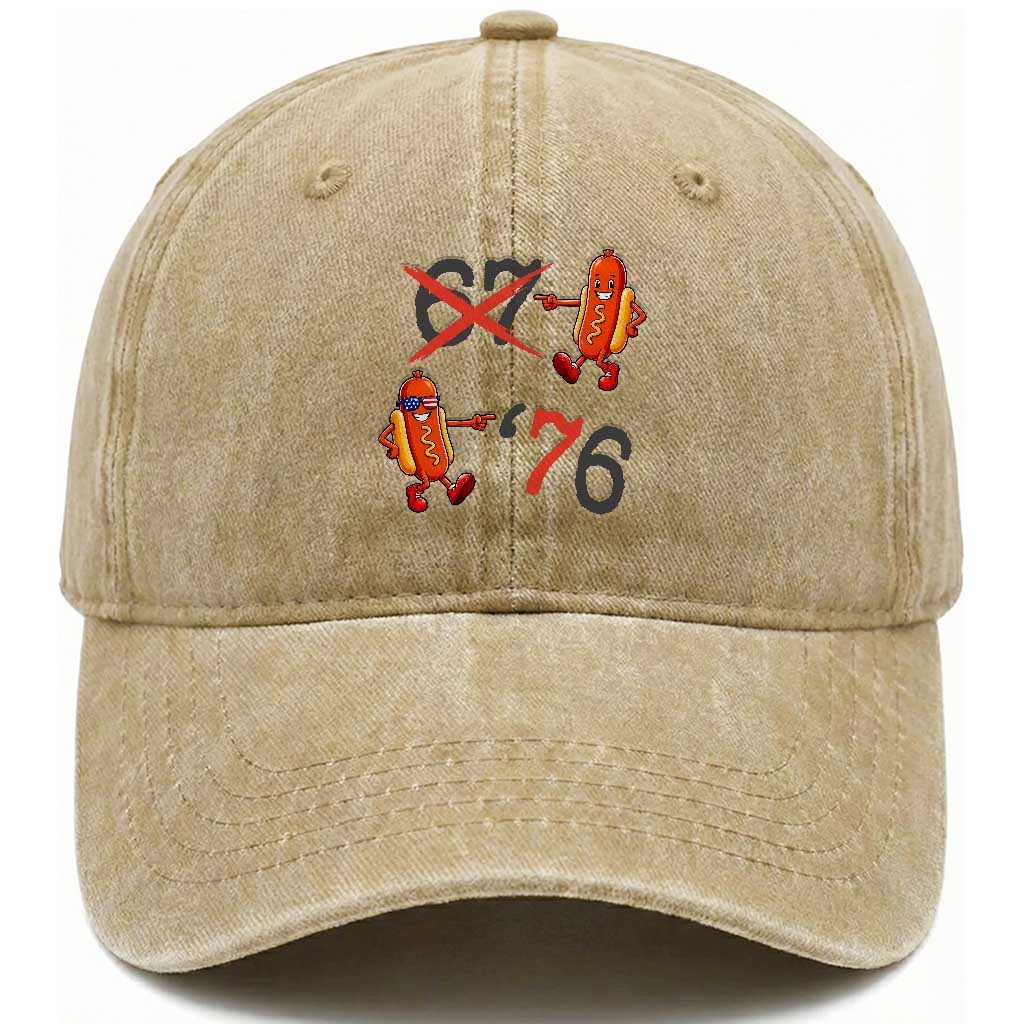 Funny 67 Meme Hot Dog Lover Washed Cotton Baseball Cap USA 250 BBQ Celebration TS12 Print Your Wear