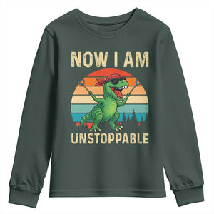 Now I Am Unstoppable Youth Sweatshirt Funny Mama Saurus Dinosaur TS12 Dark Forest Green Print Your Wear