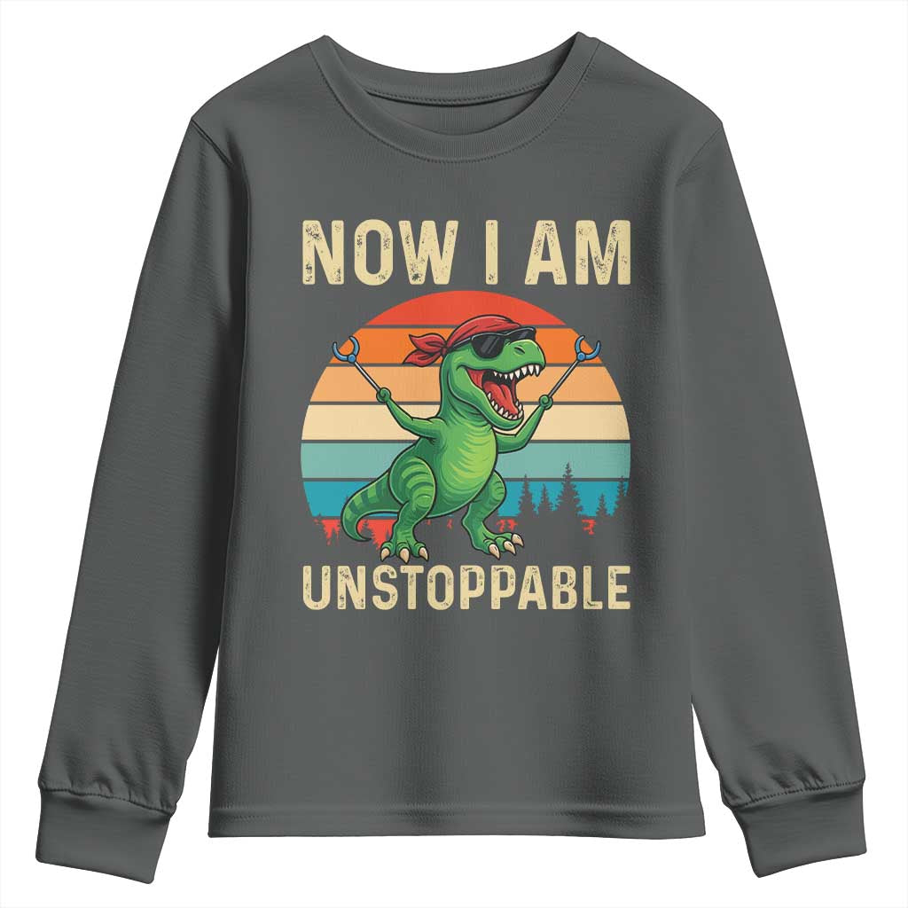 Now I Am Unstoppable Youth Sweatshirt Funny Mama Saurus Dinosaur TS12 Dark Heather Print Your Wear