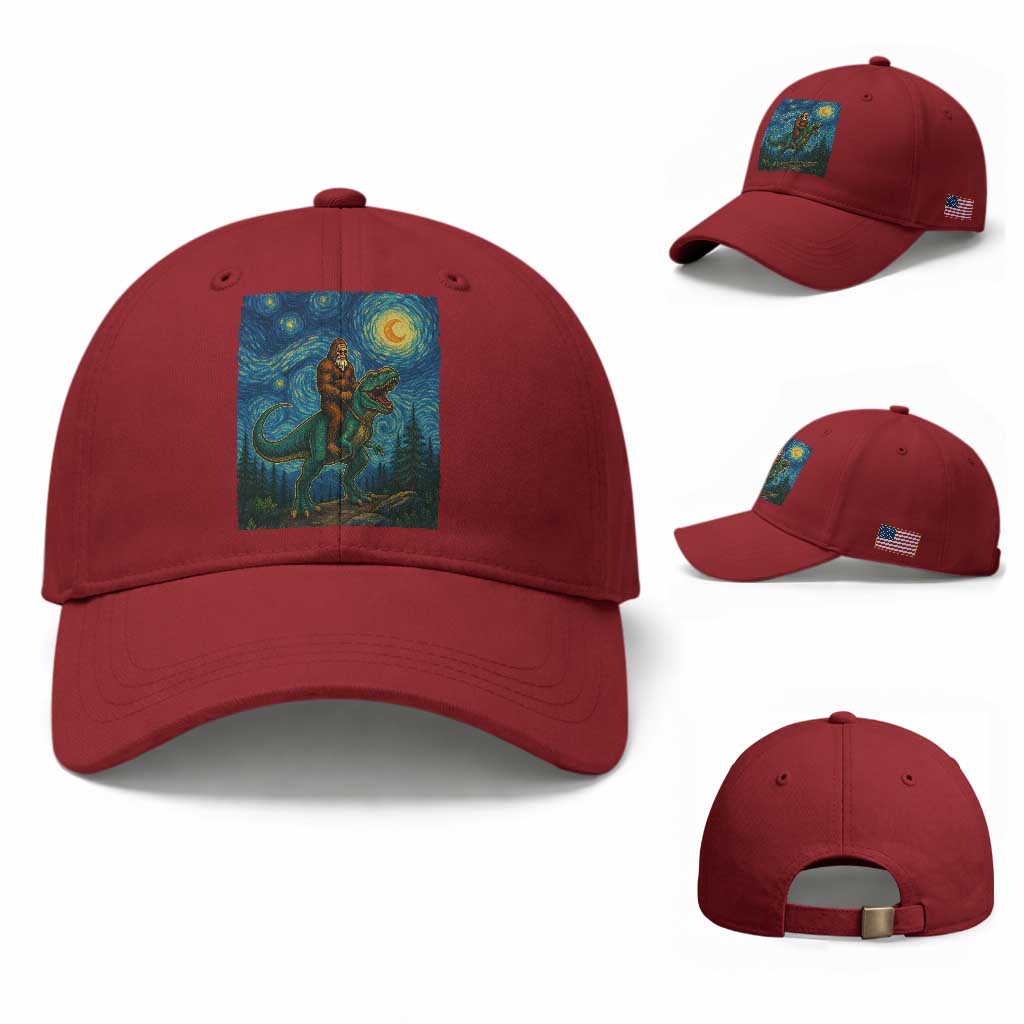 Bigfoot Dinosaur Baseball Cap Funny Prehistoric Starry Night Van Gogh TS12 Baseball Cap Universal Fit Cherry Red Print Your Wear
