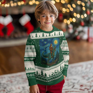 Bigfoot Dinosaur Ugly Christmas Sweater Funny Prehistoric Starry Night Van Gogh TS12 Forest Green Beige Print Your Wear
