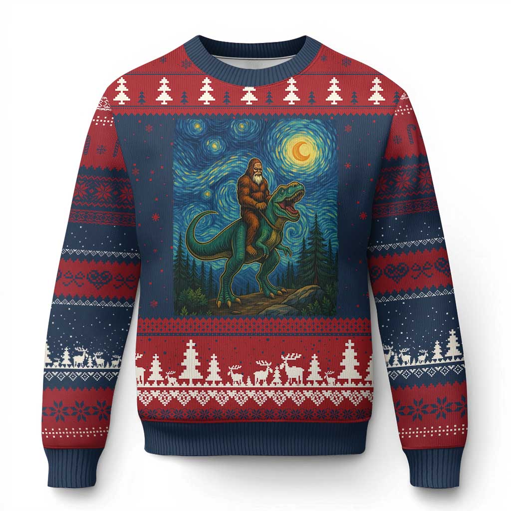 Bigfoot Dinosaur Ugly Christmas Sweater Funny Prehistoric Starry Night Van Gogh TS12 Navy Red Print Your Wear