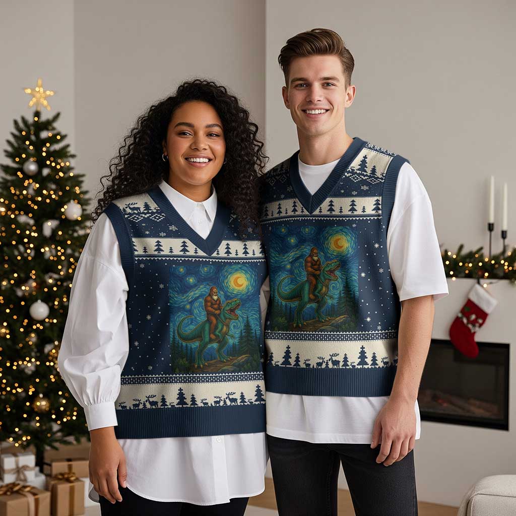 Bigfoot Dinosaur V-Neck Knit Sweater Vest Funny Prehistoric Starry Night Van Gogh TS12 Navy Beige Print Your Wear