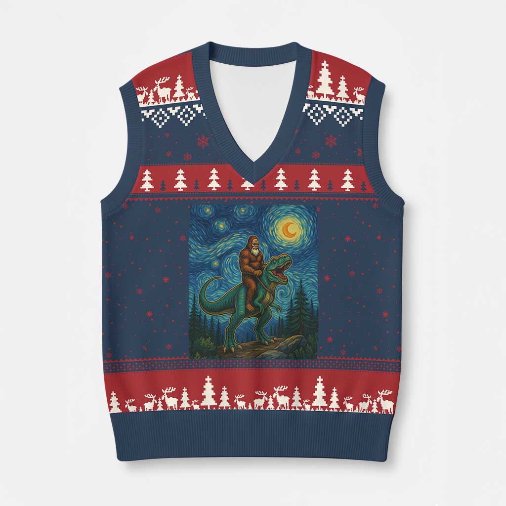 Bigfoot Dinosaur V-Neck Knit Sweater Vest Funny Prehistoric Starry Night Van Gogh TS12 Navy Red Print Your Wear