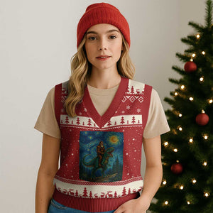 Bigfoot Dinosaur V-Neck Knit Sweater Vest Funny Prehistoric Starry Night Van Gogh TS12 Red Beige Print Your Wear