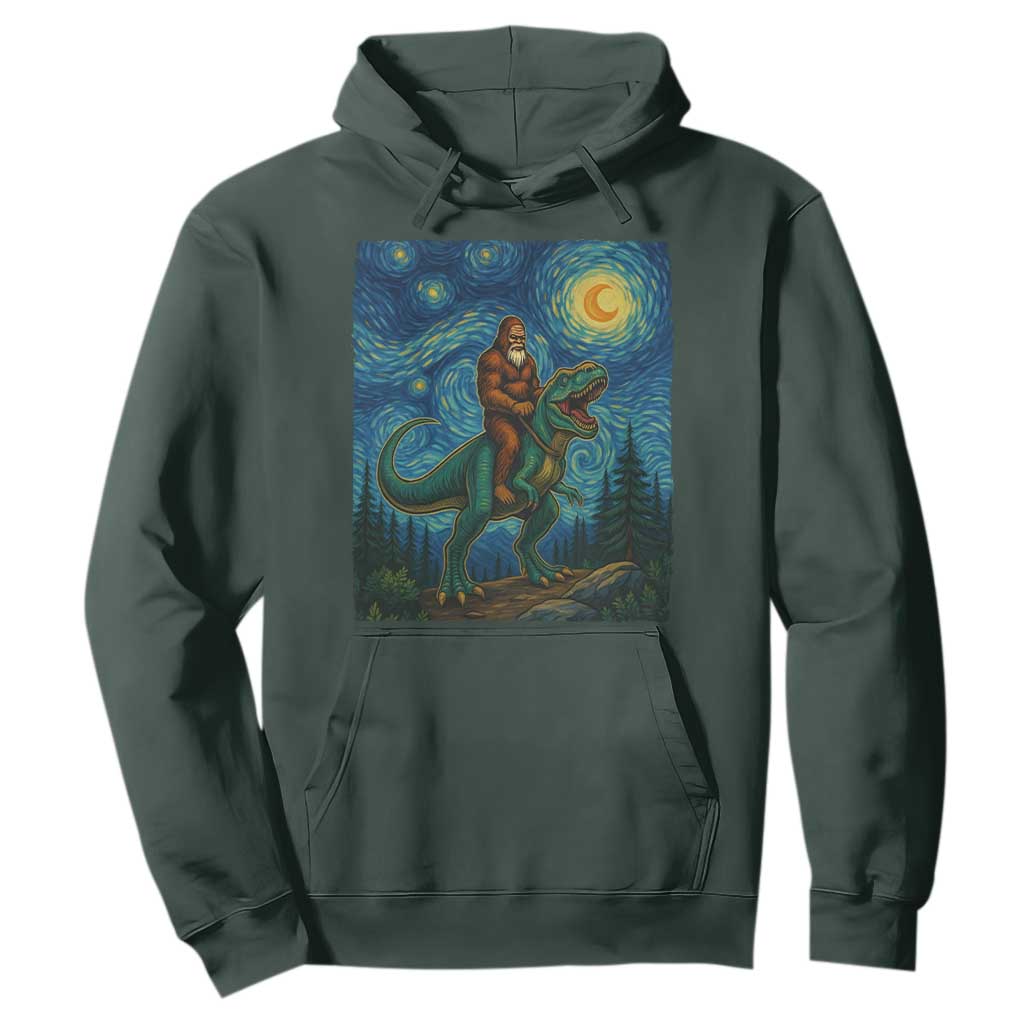 Bigfoot Dinosaur Hoodie Funny Prehistoric Starry Night Van Gogh TS12 Dark Forest Green Print Your Wear