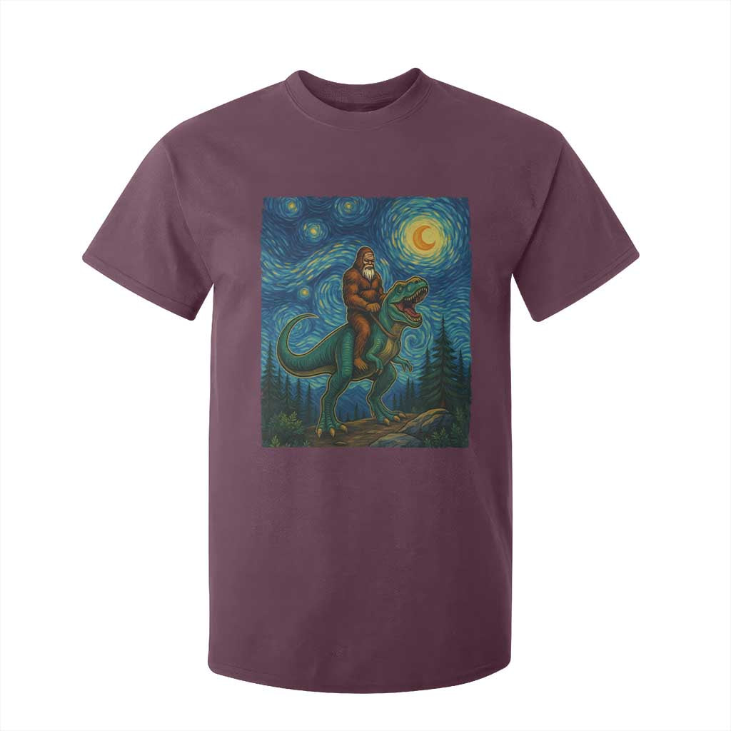 Bigfoot Dinosaur T Shirt For Kid Funny Prehistoric Starry Night Van Gogh TS12 Maroon Print Your Wear