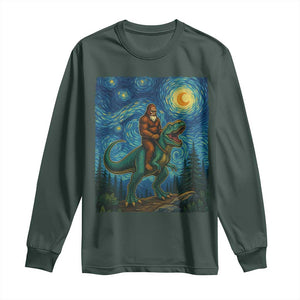 Bigfoot Dinosaur Long Sleeve Shirt Funny Prehistoric Starry Night Van Gogh TS12 Dark Forest Green Print Your Wear