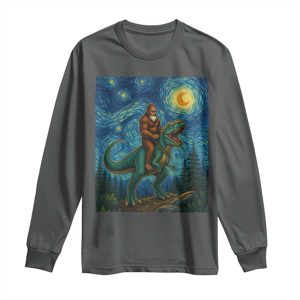 Bigfoot Dinosaur Long Sleeve Shirt Funny Prehistoric Starry Night Van Gogh TS12 Dark Heather Print Your Wear