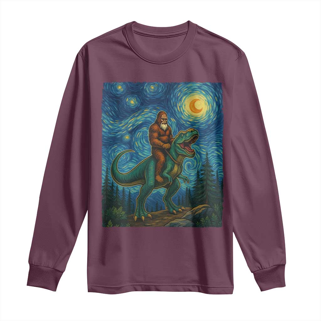 Bigfoot Dinosaur Long Sleeve Shirt Funny Prehistoric Starry Night Van Gogh TS12 Maroon Print Your Wear