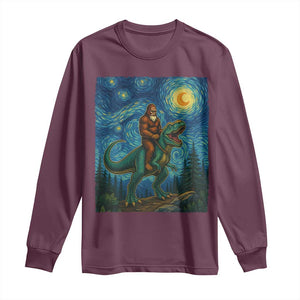 Bigfoot Dinosaur Long Sleeve Shirt Funny Prehistoric Starry Night Van Gogh TS12 Maroon Print Your Wear