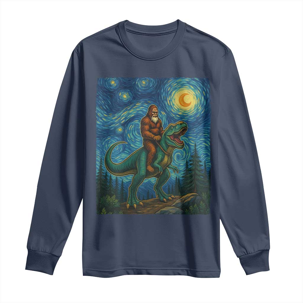 Bigfoot Dinosaur Long Sleeve Shirt Funny Prehistoric Starry Night Van Gogh TS12 Navy Print Your Wear