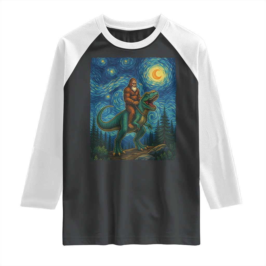 Bigfoot Dinosaur Raglan Shirt Funny Prehistoric Starry Night Van Gogh TS12 Black White Print Your Wear