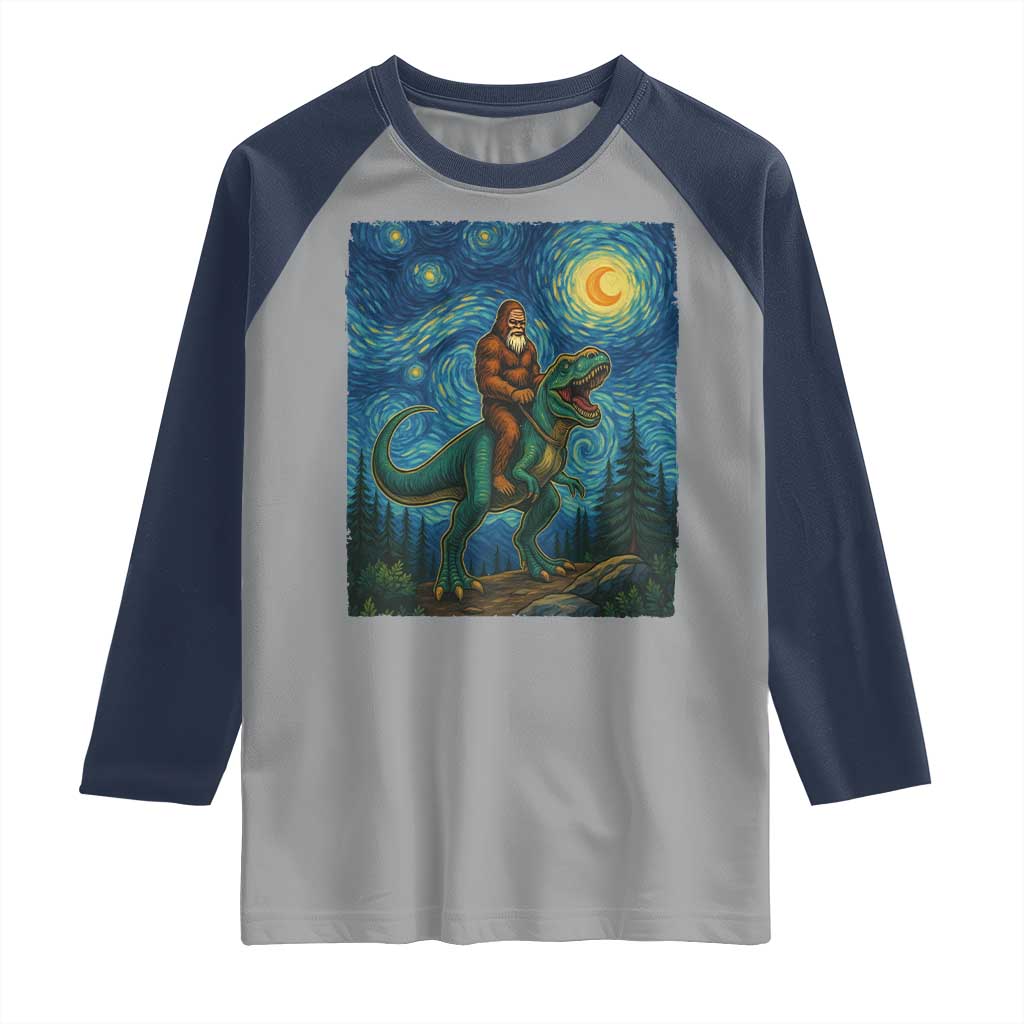 Bigfoot Dinosaur Raglan Shirt Funny Prehistoric Starry Night Van Gogh TS12 Sport Gray Navy Print Your Wear