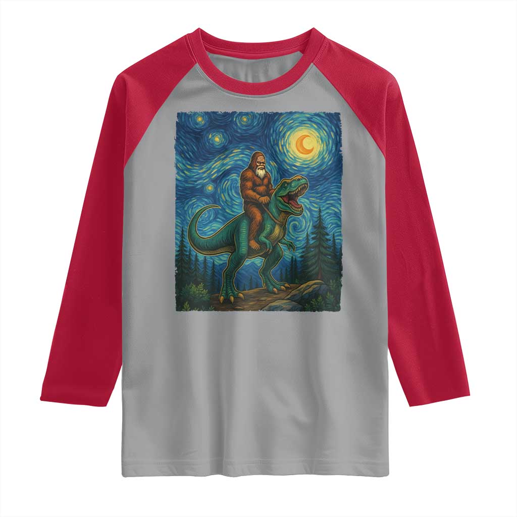 Bigfoot Dinosaur Raglan Shirt Funny Prehistoric Starry Night Van Gogh TS12 Sport Gray Red Print Your Wear