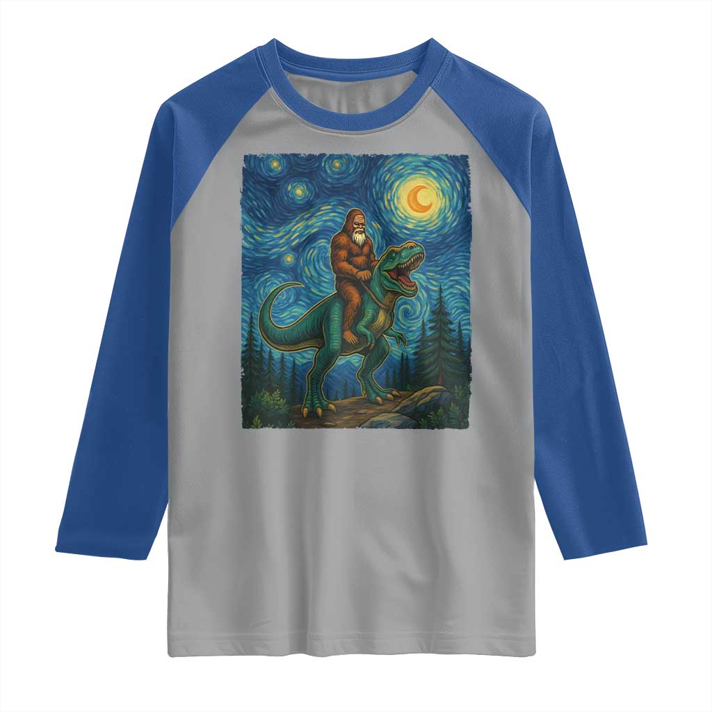 Bigfoot Dinosaur Raglan Shirt Funny Prehistoric Starry Night Van Gogh TS12 Sport Gray Royal Print Your Wear