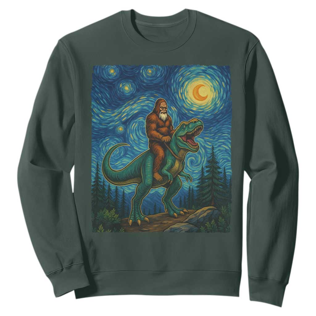 Bigfoot Dinosaur Sweatshirt Funny Prehistoric Starry Night Van Gogh TS12 Dark Forest Green Print Your Wear