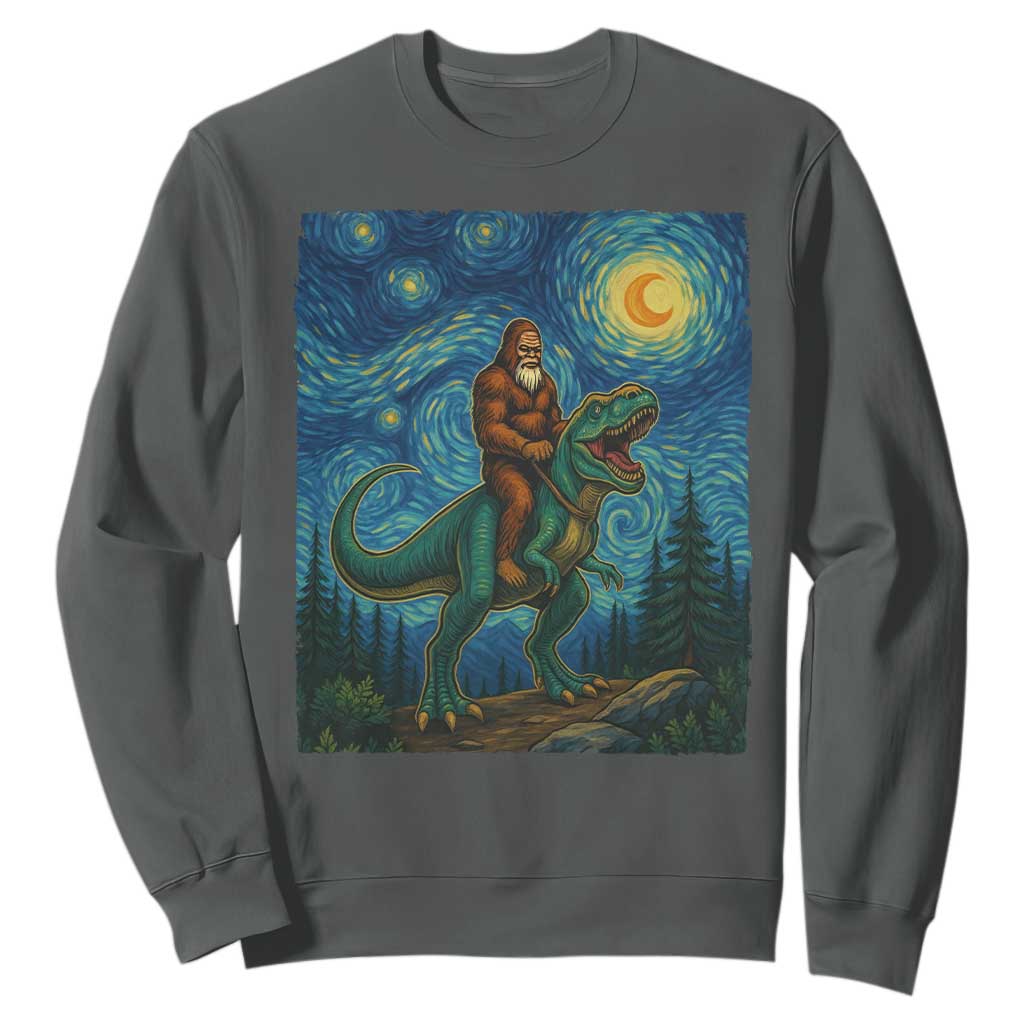Bigfoot Dinosaur Sweatshirt Funny Prehistoric Starry Night Van Gogh TS12 Dark Heather Print Your Wear