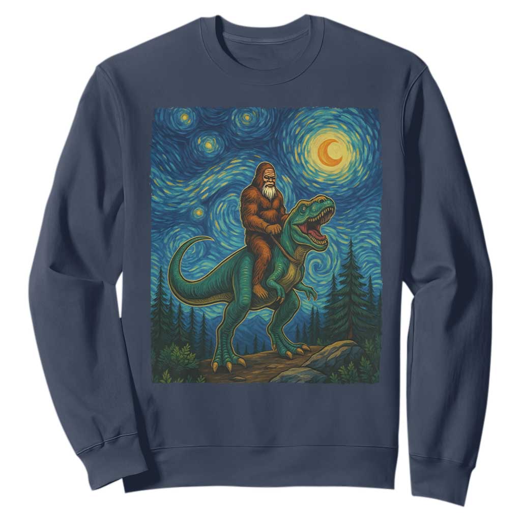Bigfoot Dinosaur Sweatshirt Funny Prehistoric Starry Night Van Gogh TS12 Navy Print Your Wear