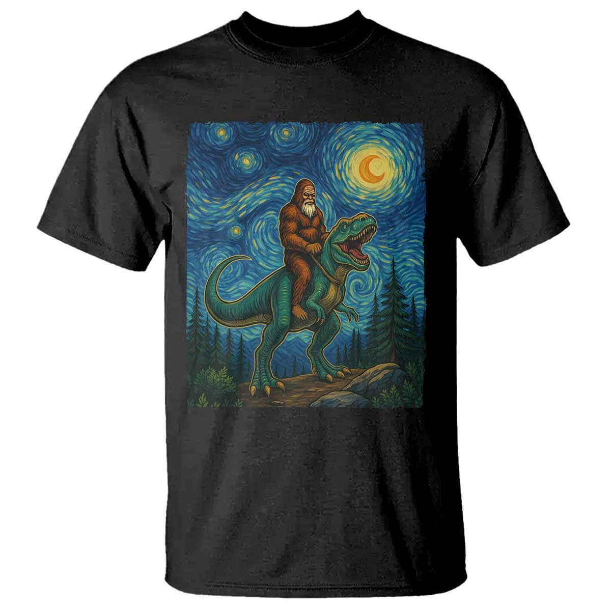 Bigfoot Dinosaur T Shirt Funny Prehistoric Starry Night Van Gogh TS12 Black Print Your Wear