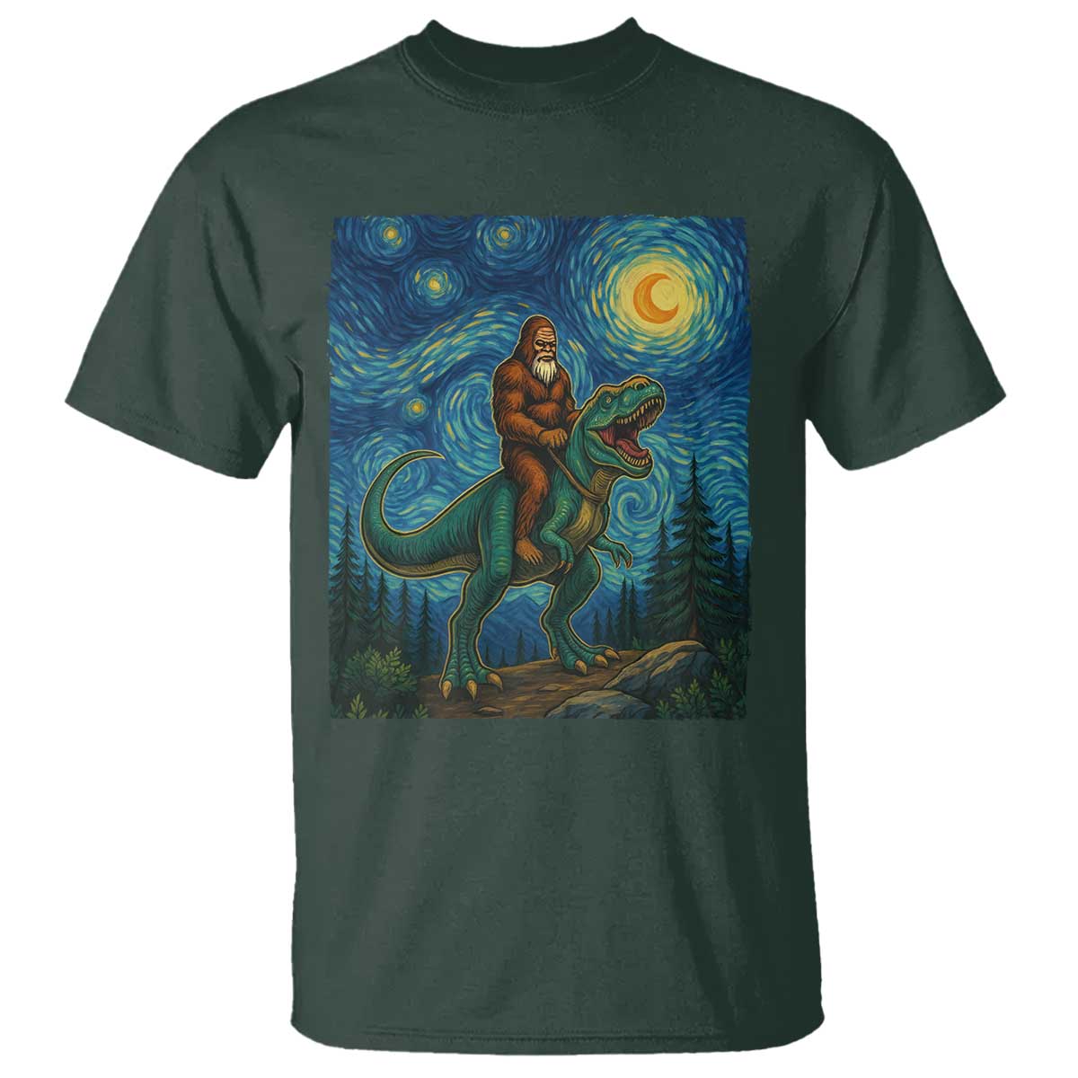 Bigfoot Dinosaur T Shirt Funny Prehistoric Starry Night Van Gogh TS12 Dark Forest Green Print Your Wear
