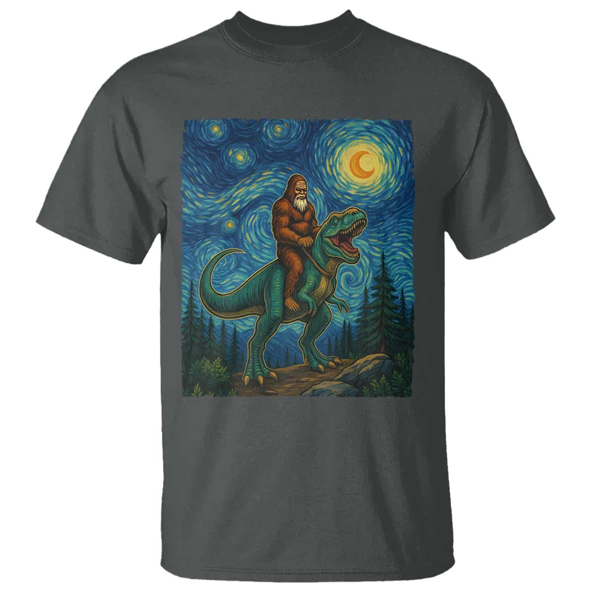 Bigfoot Dinosaur T Shirt Funny Prehistoric Starry Night Van Gogh TS12 Dark Heather Print Your Wear